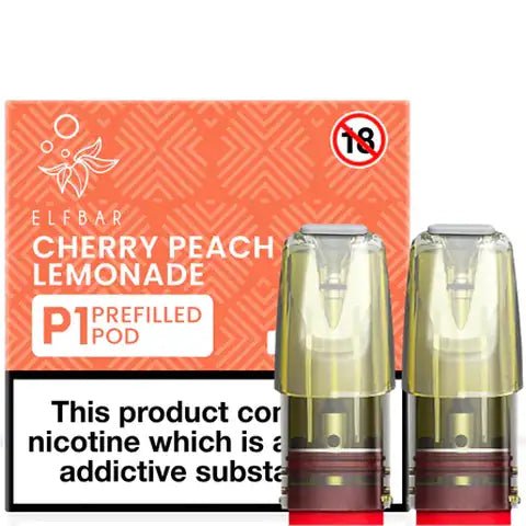 Elf Bar Mate P1 Prefilled Pods (2 Pods) Cherry Peach Lemonade On White Background