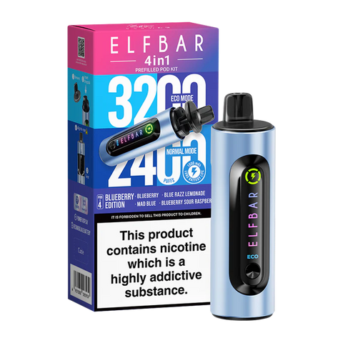 elfbar 4in1 pod vape blueberry edition on black background