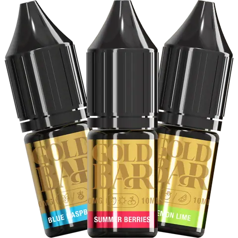 gold bar nic salts 3 flavours blue raspberry, summer berries & lemon lime on a clear background