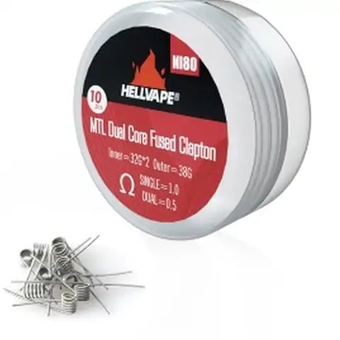 Hellvape Special Blended Wire Premade Coils 10pcs Ni80 MTL Dual Core Fused Clapton 1.0ohm On White Background