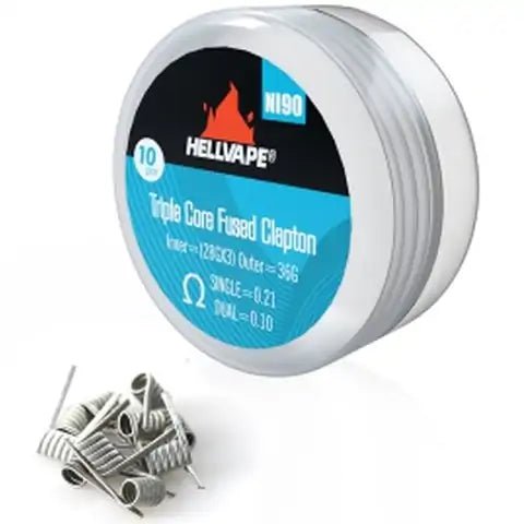Hellvape Special Blended Wire Premade Coils 10pcs Ni90 Triple Core Fused Clapton 0.21ohm On White Background