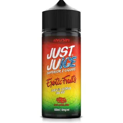 Just Juice Exotic Fruits 100ml Shortfill E-Liquid Lulo & Citrus On Lice On White Background