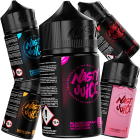 Nasty Juice e-liquid bottles in multiple flavors with 18+ age warnings.