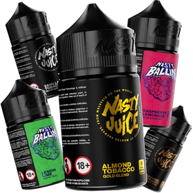 Five Nasty Juice and Nasty Ballin e-liquid bottles with flavor labels like Almond Tobacco and Lemon Lime.