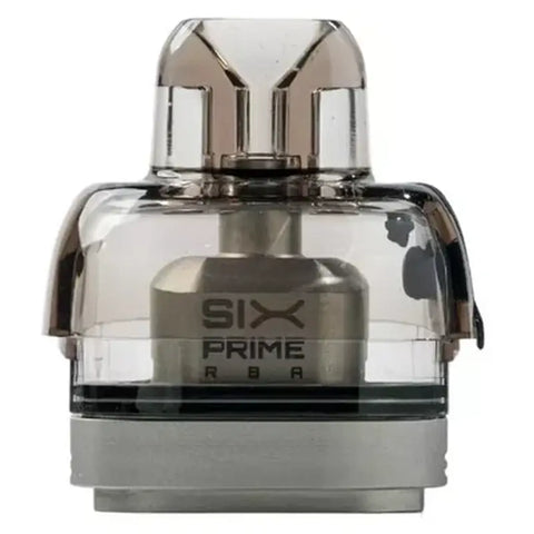 Clear and silver vaping device with 'SIX PRIME RBA' branding on a white background