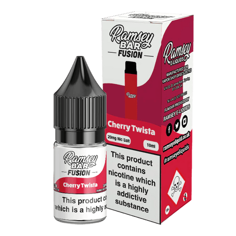 Ramsey Bar Fusion Nic Salt E-Liquids Cherry Twist / 10mg` On White Background