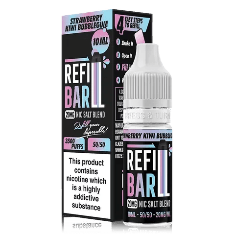 Refill Bar 10ml Nic Salt E-Liquid Strawberry Kiwi Bubblegum On White Background