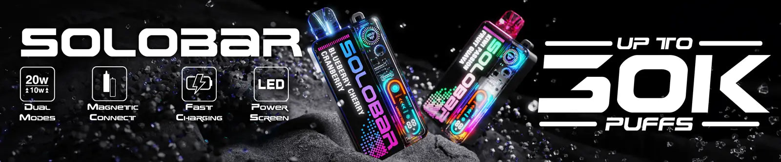 Solobar vape devices with branding and product features on a dark background
