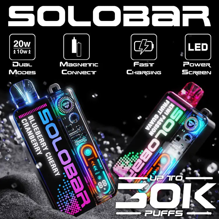 Solobar vape device with colorful design on a black background