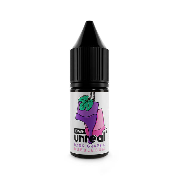 Unreal 2 Nic Salt E-Liquids Dark Grape & Bubblegum / 10mg On White Background