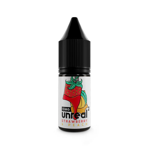Unreal 2 Nic Salt E-Liquids Strawberry & Peach / 10mg On White Background