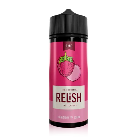 relish raspberry gum 100ml on black background
